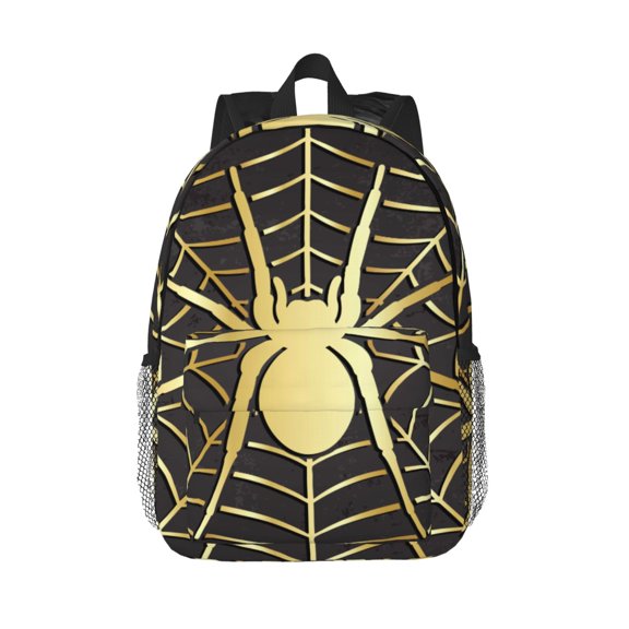 Rateoe Gold Spider On The Web Pattern Student Backpack Water-resistant Backpack 15-inch Laptop Backpack Lightweight Adjustable School Backpack