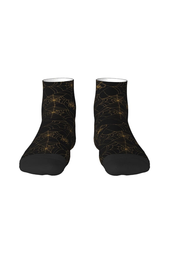 Gold Spiders And Cobwebs Pattern Quarter Crew Socks,Toe Seamed Ankle Socks,Cotton Cushioned Breathable Athletic Crew Sports Socks