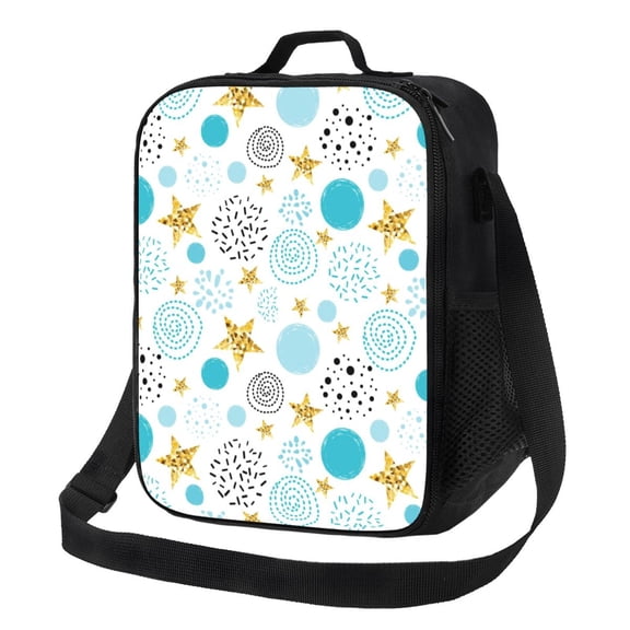 Rateoe Gold Stars Blue Dots Pattern Lunch Bag Reusable Lunch Box with Shoulder Straps for Men Women Insulated Portable Lunchbox for adults Suitable for School Work Picnic