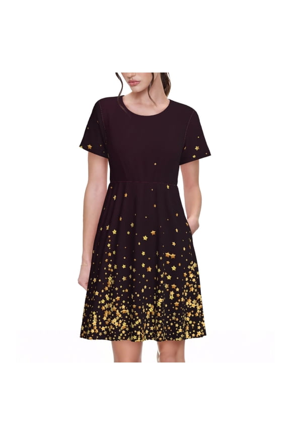Gold stars luxury sparkling Pattern Women’s Short Sleeve Dress – Casual Elegant Summer A-Line Dress for Everyday Wear