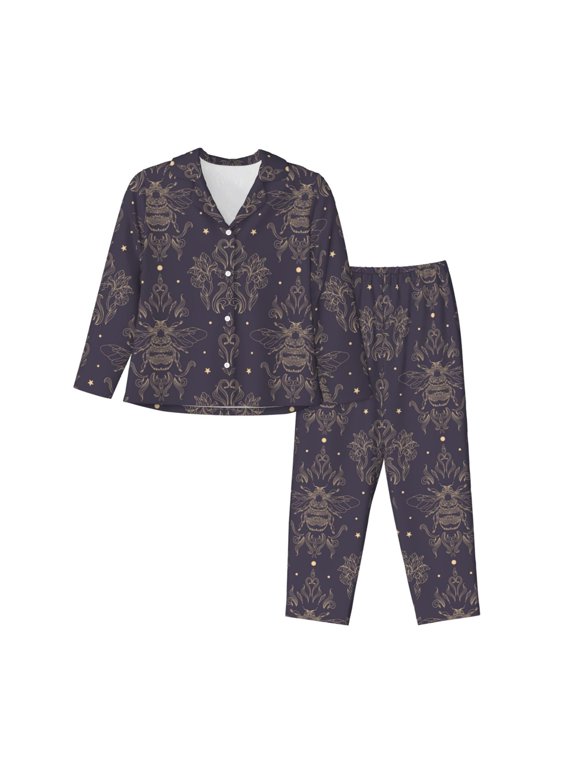 Golden Bumblebee Pattern Womens Pajamas Set Long Sleeve Sleepwear Button Down Nightwear Soft Cotton Pj Lounge Sets-Large