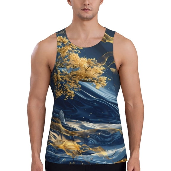 Rateoe Golden Fantasy Landscape Pattern Sleeveless Gym Shirt Muscle Tee Breathable Workout Shirt Slim-Fit Tank Quick Dry Fit Muscle Tank Top Bodybuilding Sleeveless T Shirt-Medium