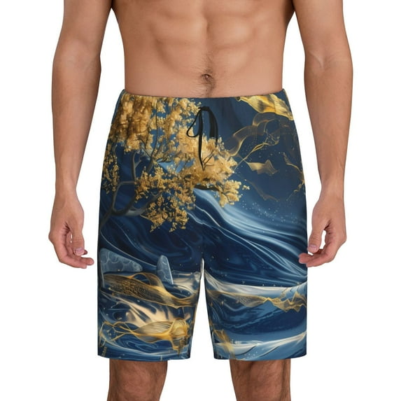 Rateoe Golden Fantasy Landscape Print Men's Lounge Shorts – Soft & Breathable Pajama Bottoms with Pockets, Elastic Waistband, Lightweight Sleepwear for Nightwear & Loungewear-Medium