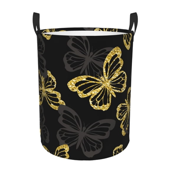 Rateoe Golden Glitter Butterflies Pattern Round Laundry Hamper Basket, Tall Hamper Basket for Blanket Storage, Nursery Clothes Hamper for Laundry in Bedroom and College Dorm-