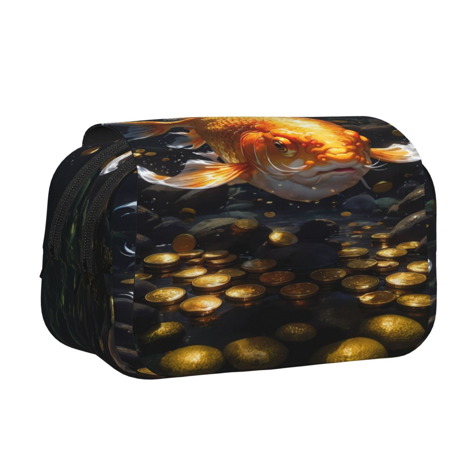 Rateoe Golden Koi And Treasure Pattern Double Clamshell Pen Case, Storage Organizer with Two Zipper Compartments– Holds Up to 50 Pencils & Pens