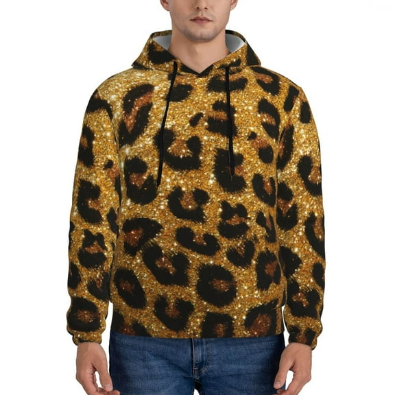 Rateoe Golden Leopard Glitter Pattern Mens Hoodie, Pullover Hooded Sweatshirt, Kangaroo Pocket Hoodie Ideal for Daily Wear, Travel and Home-3X-Large