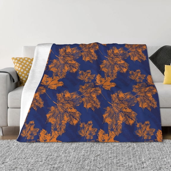 Rateoe Golden Maple on Navy Blue Pattern Flannel Throw Blanket, Ultra-soft Blanket for Bed, Couch, Car, Hypoallergenic Anti-pilling blanket-60"x50"(Horizontal)