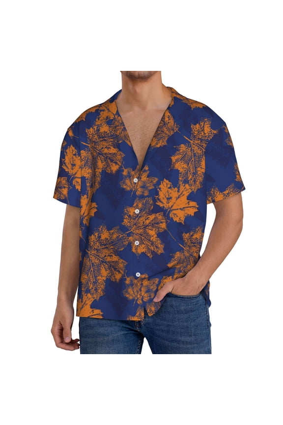 Golden Maple on Navy Blue Pattern Men's Short Sleeve Classic Shirt, Casual Short-Sleeved Shirt, Lightweight Summer Shirt, Cuban Collar Shirt,Button-Front Shirt-Small