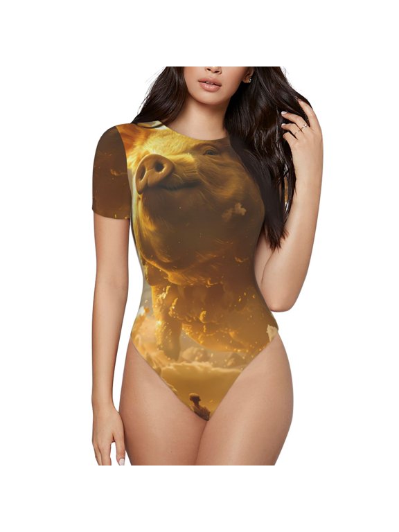 Golden Pig Cloud Fantasy Printed Women Rash Guard Short Sleeve,Tummy control Swimsuit Surfing Swimsuit Bathing Suit Short-sleeved Onesie UPF 50+ -Medium