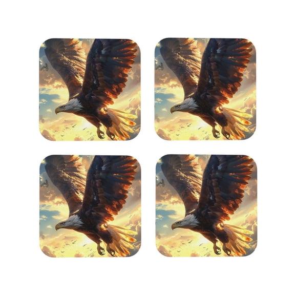 Rateoe Golden Sky Bald Eagle Drawing Drink Coasters Set of 4 Leather Coasters Spill Protection for Table Desk,Durable and Non Slip Leather Coaster ,4 Inches Drink Mats-Square