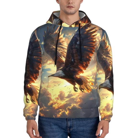 Rateoe Golden Sky Bald Eagle Pattern Mens Hoodie, Pullover Hooded Sweatshirt, Kangaroo Pocket Hoodie Ideal for Daily Wear, Travel and Home-XX-Large