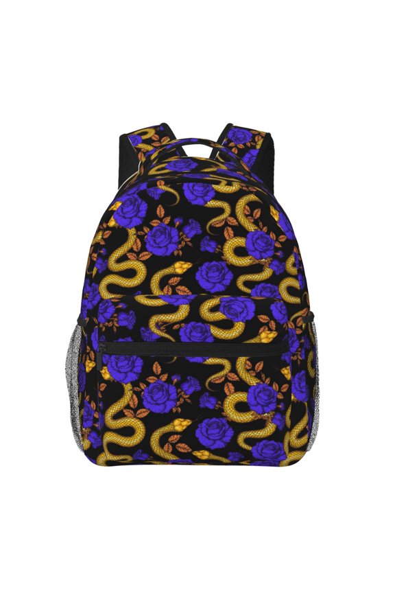 Golden Snake And Purple Rose Pattern Casual Backpack for School, Work, Travel  Adjustable Straps, Multiple Compartments  Ergonomic Design, Fits Laptops and Tablets