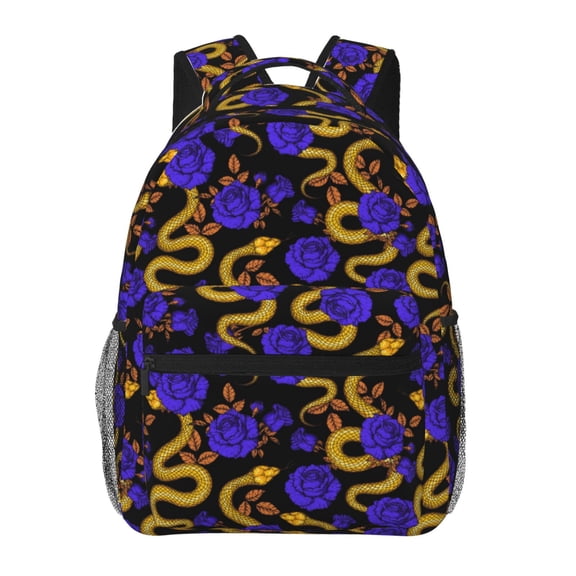 Rateoe Golden Snake And Purple Rose Pattern Casual Backpack for School, Work, Travel Adjustable Straps, Multiple Compartments Ergonomic Design, Fits Laptops and Tablets