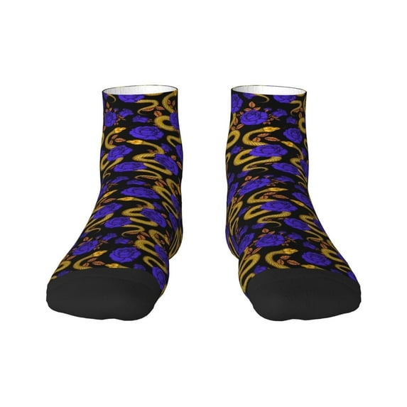 Rateoe Golden Snake And Purple Rose Pattern Quarter Crew Socks,Toe Seamed Ankle Socks,Cotton Cushioned Breathable Athletic Crew Sports Socks