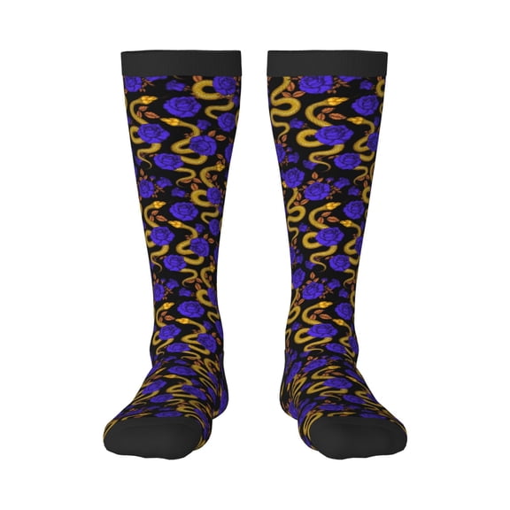Rateoe Golden Snake And Purple Rose Pattern Women’s Knee High Crew Socks,Trouser Socks Comfortable, Breathable, Moisture-Wicking and Soft
