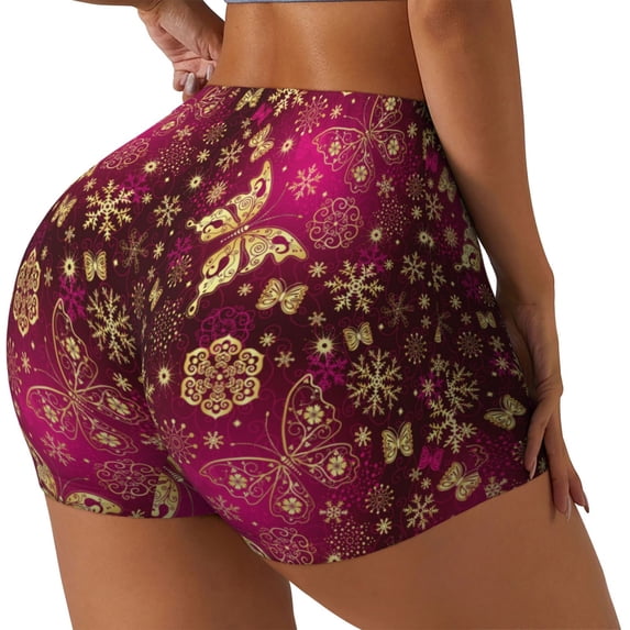 Rateoe Golden Snowflakes And And Butterflies Printed Power Workout Shorts for Women Tummy Control Squat Proof Ribbed Thick Seamless Scrunch Active Short-X-Large