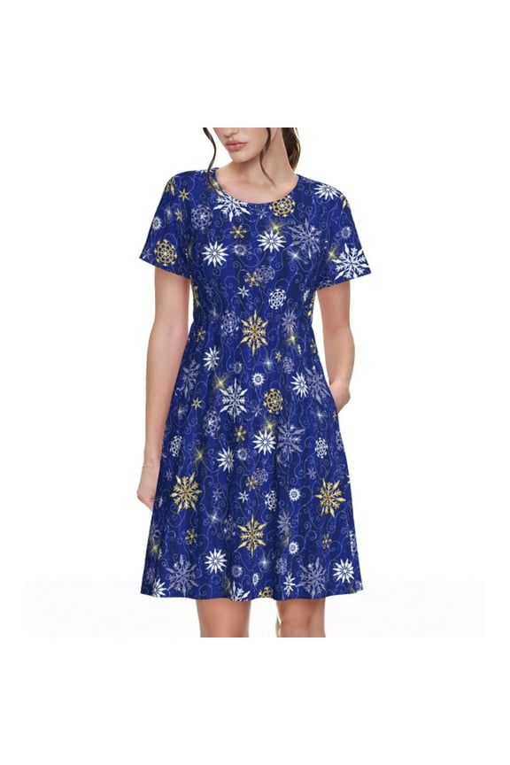 Golden Snowflakes Royal Blue Pattern Women’s Short Sleeve Dress – Casual Elegant Summer A-Line Dress for Everyday Wear