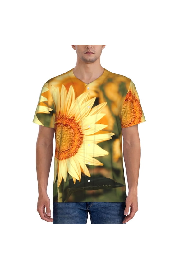 Golden Sunflower In Field Pattern Men’s Baseball Short Sleeve Polo Shirt, Midweight Men's Shirt Golf Shirt Polo Shirts Quick Dry Short-Medium
