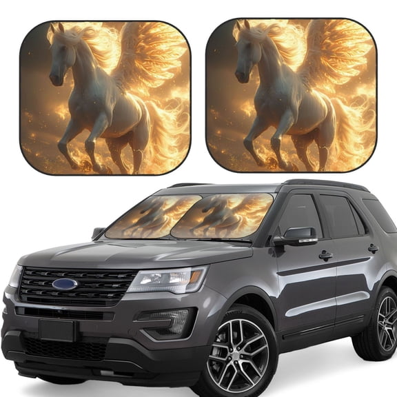 Rateoe Golden Winged White Horse Pattern 2 Piece Car Windshield Sun Shade Foldable | Front Windshield Shade for Sun, Heat and UV Rays | Sunshade for Car Front Window-Large