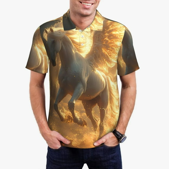Rateoe Golden Winged White Horse Pattern Men's Short Sleeve Polo Shirts, Golf Polo Shirts Short Sleeve Performance Moisture Wicking Dry-XX-Large