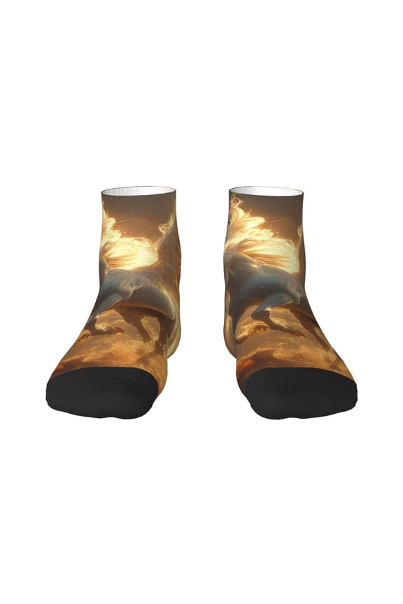 Golden Winged White Horse Pattern Quarter Crew Socks,Toe Seamed Ankle Socks,Cotton Cushioned Breathable Athletic Crew Sports Socks