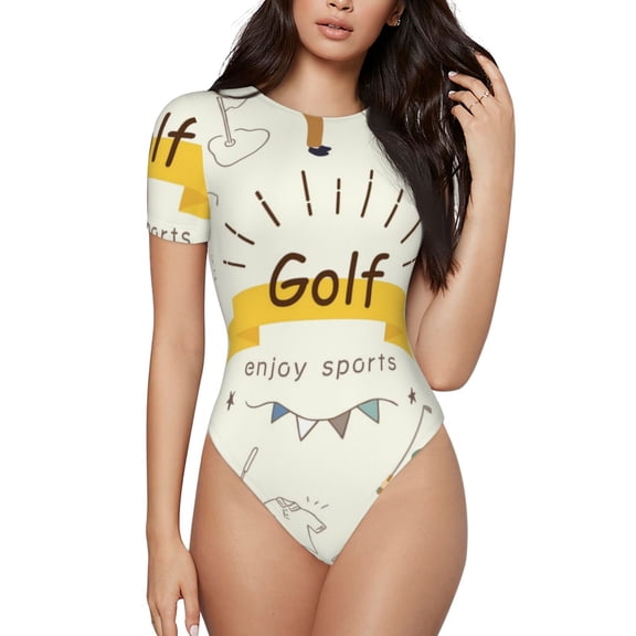 Rateoe Golf Icons And Golfer Printed Women Rash Guard Short Sleeve,Tummy control Swimsuit Surfing Swimsuit Bathing Suit Short-sleeved Onesie UPF 50+ -Medium