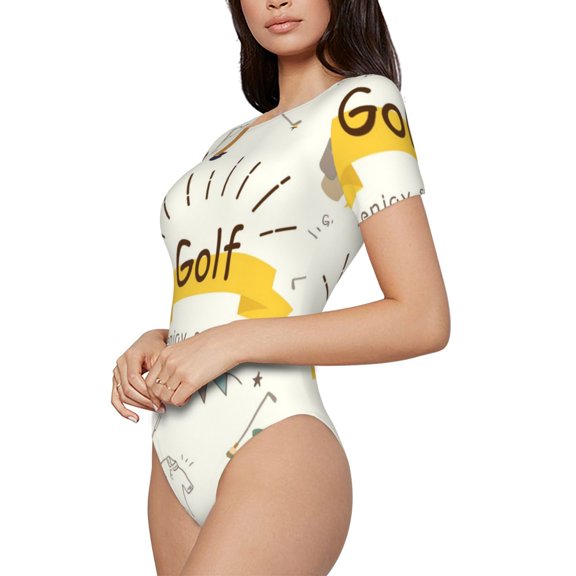Rateoe Golf Icons And Golfer Printed Women Rash Guard Short Sleeve,Tummy control Swimsuit Surfing Swimsuit Bathing Suit Short-sleeved Onesie UPF 50+