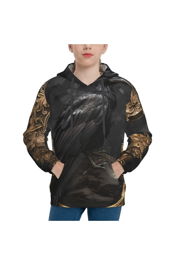 Gothic Raven Portrait Pattern Boys Hoodie, Youth Pullover Hooded Sweatshirt, Kangaroo Pocket Hoodie for Kids-Medium