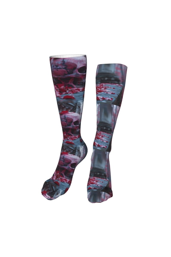 Gothic Red Skull Cemetery print Women's Men's Novelty 20in Crew Socks Cotton Socks Knee High Socks for Walking,Running,Nurses,Pregnancy-One Size