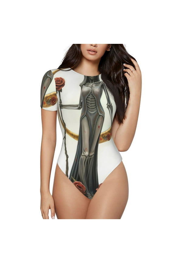 Gothic Skeleton With Roses Printed Women Rash Guard Short Sleeve,Tummy control Swimsuit Surfing Swimsuit Bathing Suit Short-sleeved Onesie UPF 50+ -Large