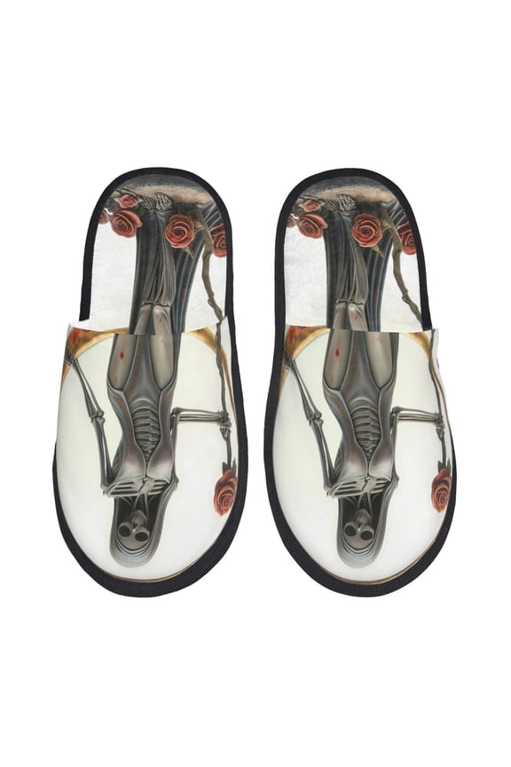 Gothic Skeleton With Roses Pattern Fuzzy Slippers Fuzzy Soft House Slippers Plush Furry Warm Cozy Open Toe Fluffy Home Shoes-Large