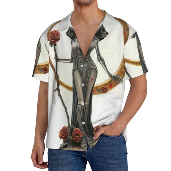 Rateoe Gothic Skeleton With Roses Pattern Men's Short Sleeve Classic Shirt, Casual Short-Sleeved Shirt, Lightweight Summer Shirt, Cuban Collar Shirt,Button-Front Shirt-Large