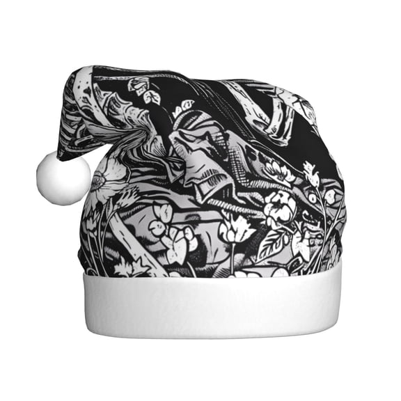 Rateoe Gothic Skull Floral Art Pattern Santa Hat Christmas Hats for Adults, Holiday Unisex Velvet Comfort Xmas Hat for Women Men