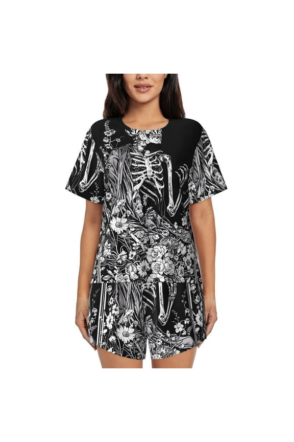 Gothic Skull Floral Art Pattern Women's Short-Sleeved Pajama Set - 2 Piece Soft and Lightweight Sleepwear Set-Medium