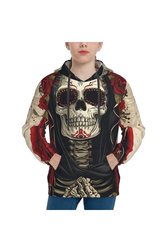 Gothic Skull With Roses Pattern Boys Hoodie, Youth Pullover Hooded Sweatshirt, Kangaroo Pocket Hoodie for Kids-Large