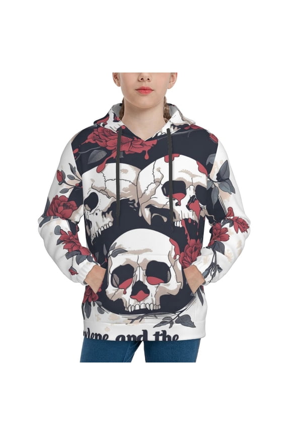 Gothic Skulls And Roses Pattern Boys Hoodie, Youth Pullover Hooded Sweatshirt, Kangaroo Pocket Hoodie for Kids-Medium