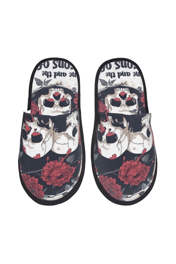 Gothic Skulls And Roses Pattern Fuzzy Slippers Fuzzy Soft House Slippers Plush Furry Warm Cozy Open Toe Fluffy Home Shoes-Medium