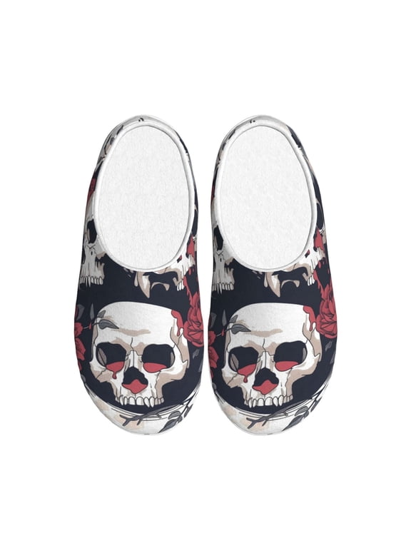 Gothic Skulls And Roses Print Women's Men's Cotton Knit Slippers Lightweight Memory Foam Indoor House Shoes with Anti-Skid Sole-44/45