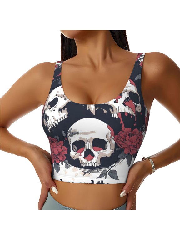 Gothic Skulls And Roses Print Womens' Sports Bras Scoop Neck Sports Vest- Padded U Back Seamless High Impact Support-Medium