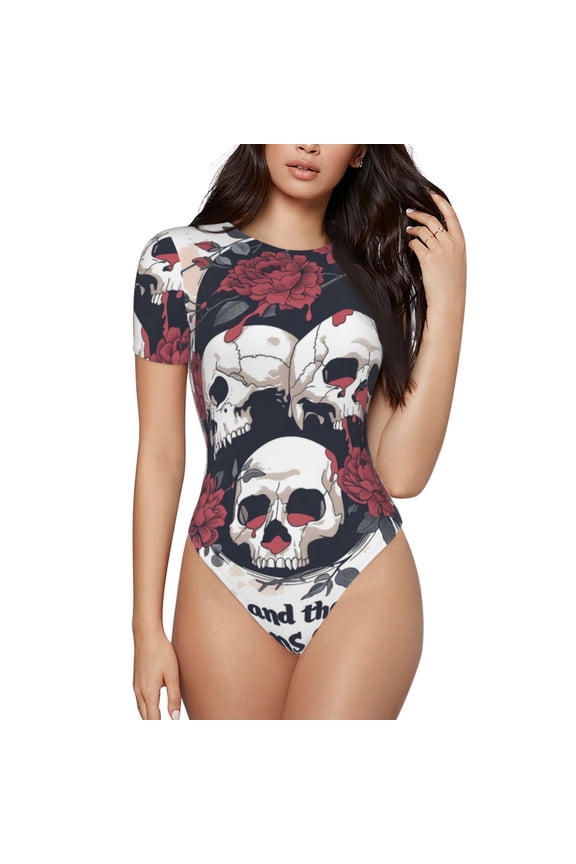 Gothic Skulls And Roses Printed Women Rash Guard Short Sleeve,Tummy control Swimsuit Surfing Swimsuit Bathing Suit Short-sleeved Onesie UPF 50+ -Small