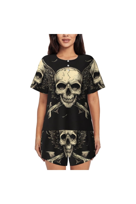 Gothic Winged Skull Pattern Women's Short-Sleeved Pajama Set - 2 Piece Soft and Lightweight Sleepwear Set-Medium