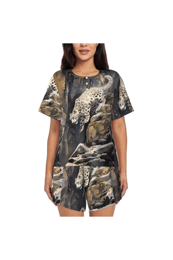 Graceful Snow Leopard Pattern Women's Short-Sleeved Pajama Set - 2 Piece Soft and Lightweight Sleepwear Set-Medium