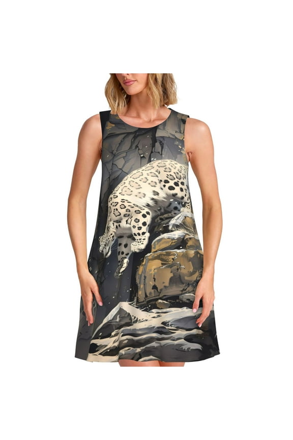 Graceful Snow Leopard Pattern Women’s Sleeveless Dress,Casual Summer Dress,A-line Sleeveless Dress Versatile Summer Dress Stylish Day Dress