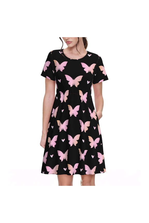 Gradient Butterfly Pattern Women’s Short Sleeve Dress – Casual Elegant Summer A-Line Dress for Everyday Wear