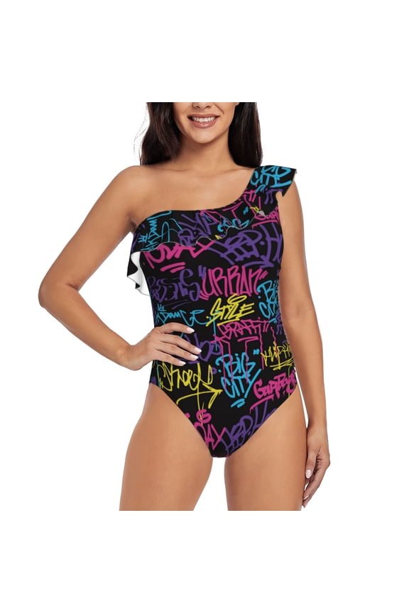 Graffiti Art Pattern Women One Piece Swimsuits Tummy Control One Shoulder Bathing Suits Ruffle Swimwear-X-Large