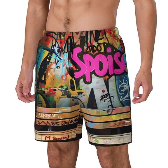 Rateoe Graffiti Lamp Urban Scene Pattern Men’s Swim Shorts with Compression Liner – Double-Layered Quick-Dry Swimwear, Comfortable & Stretchy Beach Shorts-Small