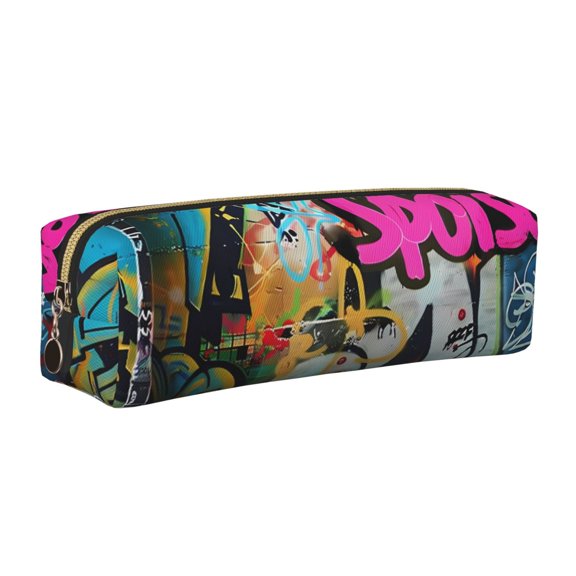 Rateoe Graffiti Lamp Urban Scene Print Leather Pencil Case with Smooth Zipper, Compact Storage for Writing Tools & Art Supplies, 8.26" x 1.96" x 2.16"
