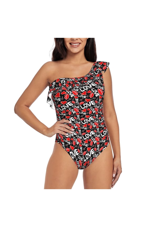 Graffiti Valentine Day Pattern Women One Piece Swimsuits Tummy Control One Shoulder Bathing Suits Ruffle Swimwear-Small