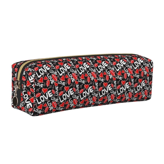 Rateoe Graffiti Valentine Day Print Leather Pencil Case with Smooth Zipper, Compact Storage for Writing Tools & Art Supplies, 8.26" x 1.96" x 2.16"