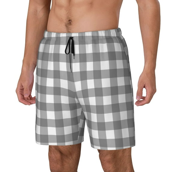 Rateoe Gray Checkboard Pattern Men’s Swim Shorts with Compression Liner – Double-Layered Quick-Dry Swimwear, Comfortable & Stretchy Beach Shorts-Large